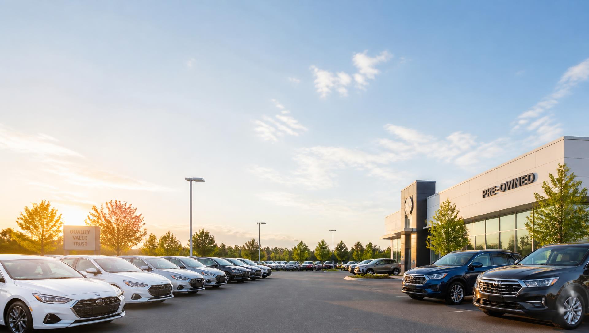 Vehicles on the National Auto Sales lot at sunset